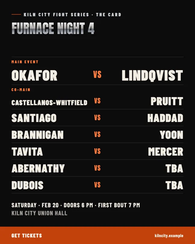 Furnace Night 4 demo bout card for Kiln City Fight Series